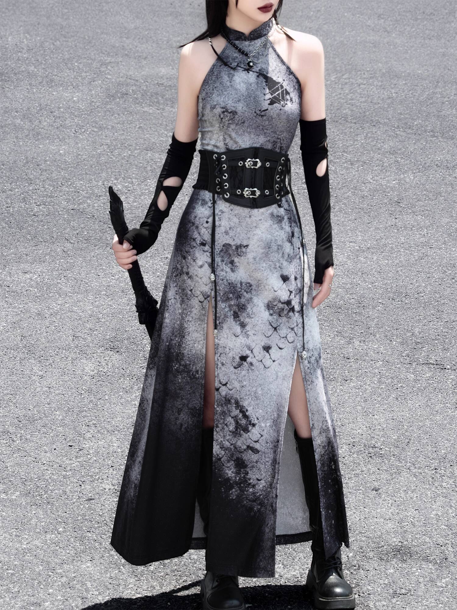 Anime Cosplay Dress For Women - New Chinese Style Dark Grey Wasteland